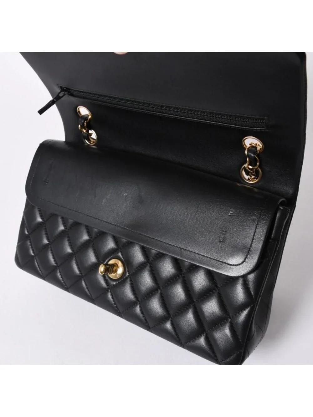 Chanel Quilted 25 Double Flap Chain Shoulder Bag Base CC Logo Lambskin Black